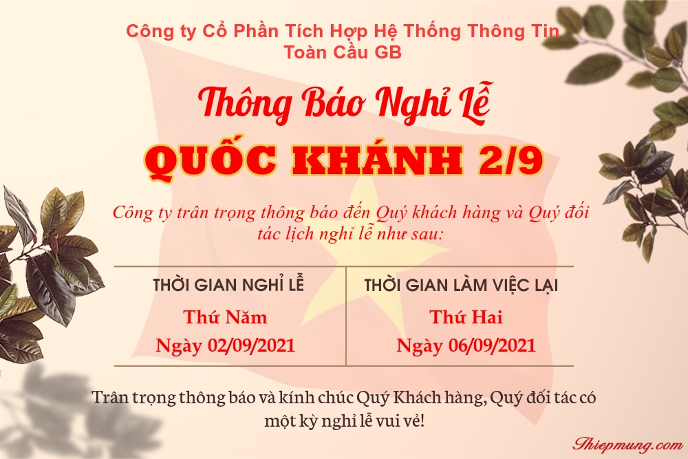 Công ty CP Tích Hợp Hệ Thống Thông Tin Toàn Cầu GB Thông báo lịch nghỉ  Lễ Quốc Khánh năm 2021